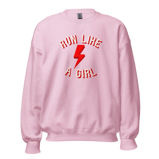 light pink sweatshirt with the words 'run like a girl' in a white and red font, wrapped around a red lightening bolt