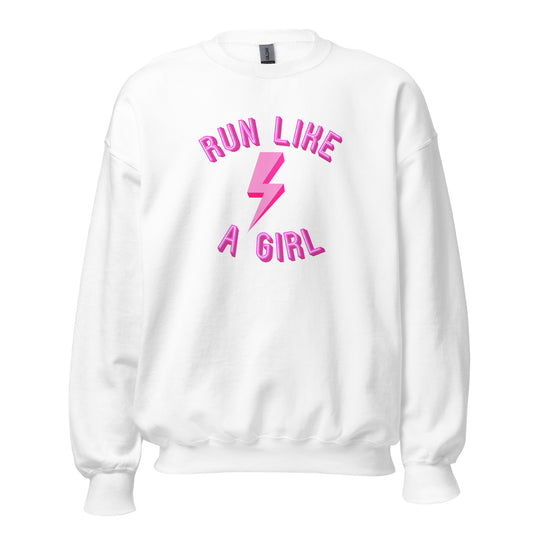 white sweatshirt with the words 'run like a girl' in a neon pink font, wrapped around a bright pink lightening bolt