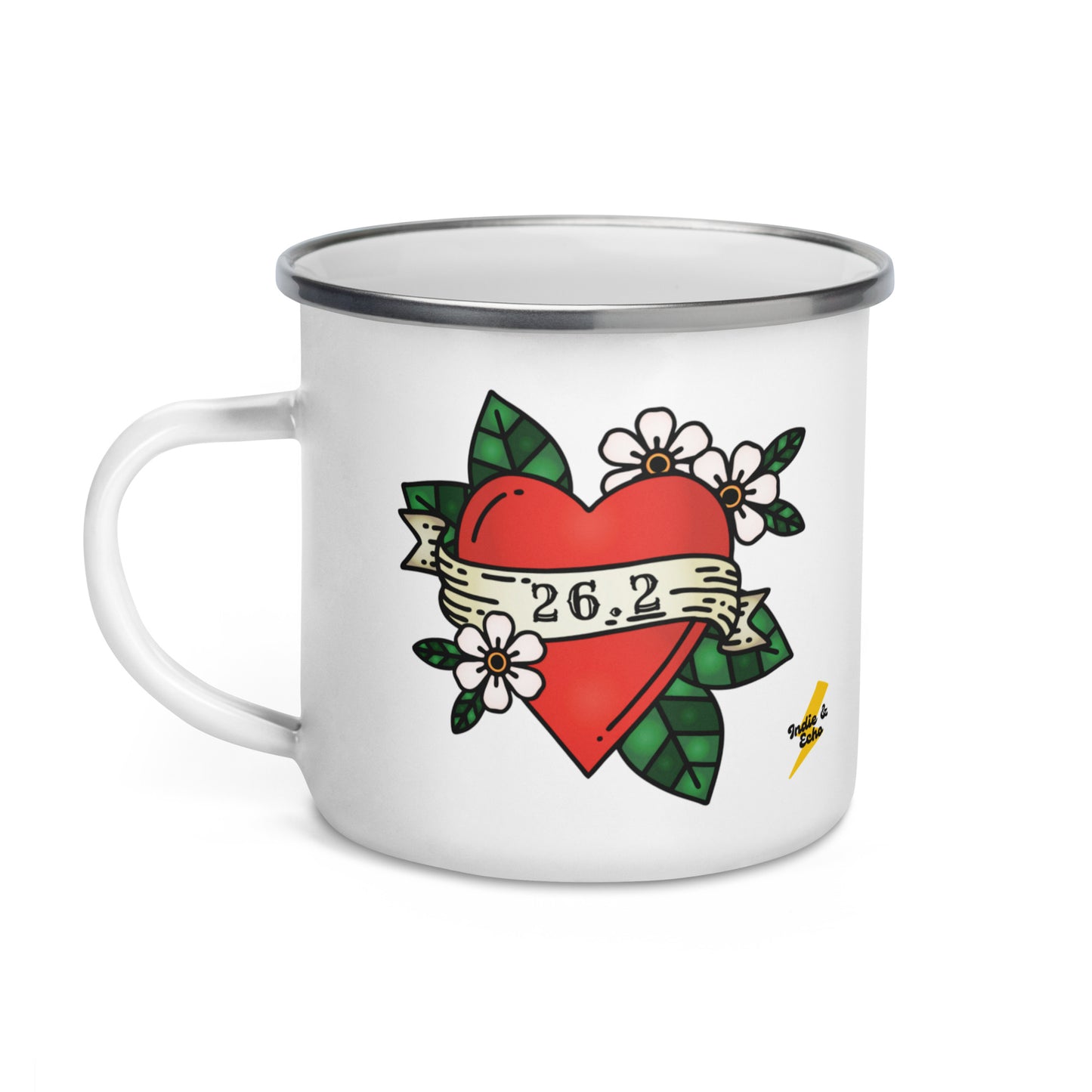 white enamel mug with a love heart and flower traditional tattoo design, with 26.2 marathon distance in a scroll across the front