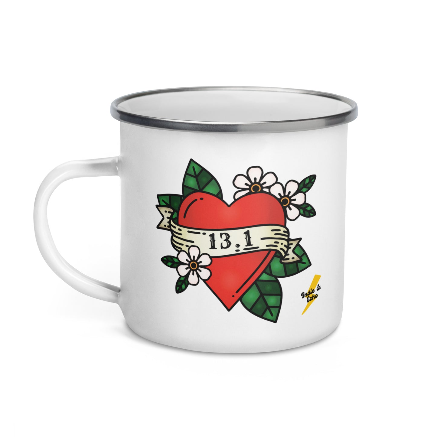 white enamel mug with a love heart and flower traditional tattoo design, with 13.1 half marathon distance in a scroll across the front