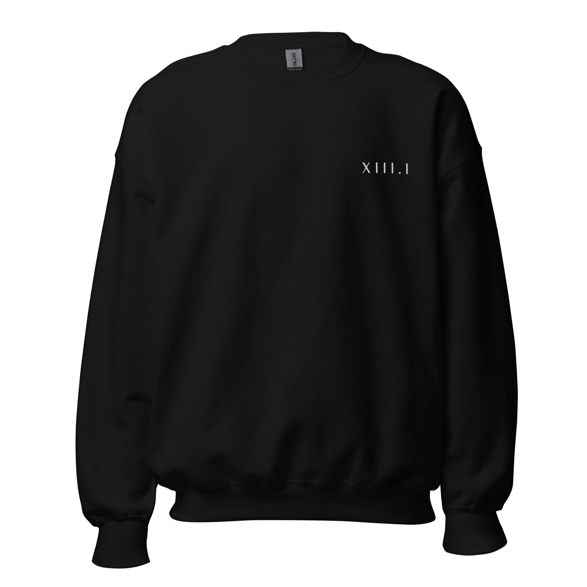 black unisex sweatshirt with XIII.I 13.1 half marathon in roman numerals embroidered in white writing