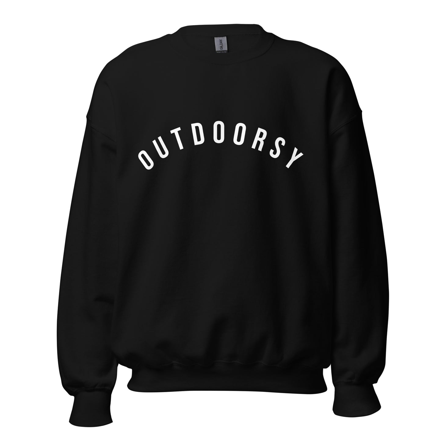 black sweatshirt with the word outdoorsy in a white, capitalised font across the chest