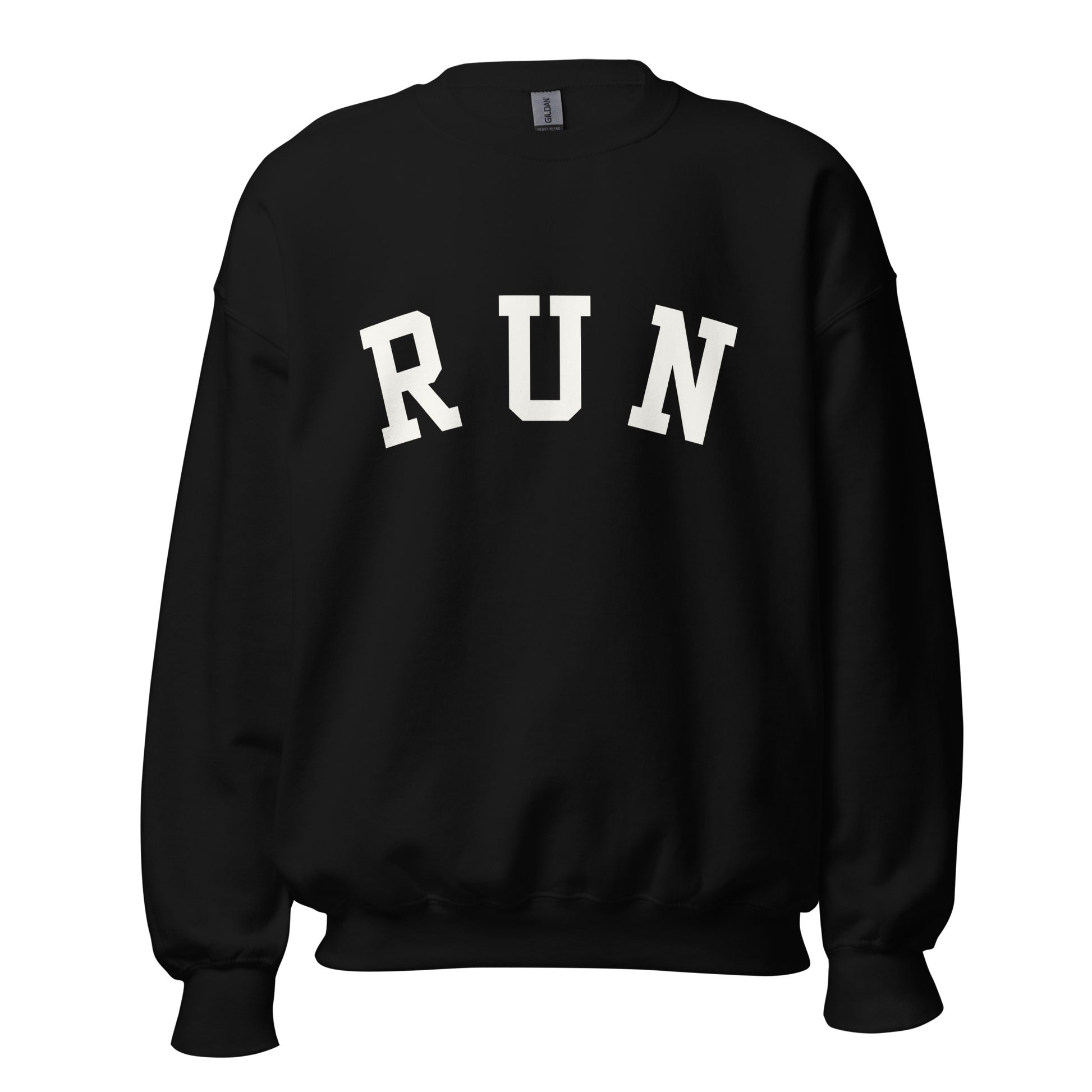 black unisex sweatshirt with the word run across the chest in a bold white varsity style font