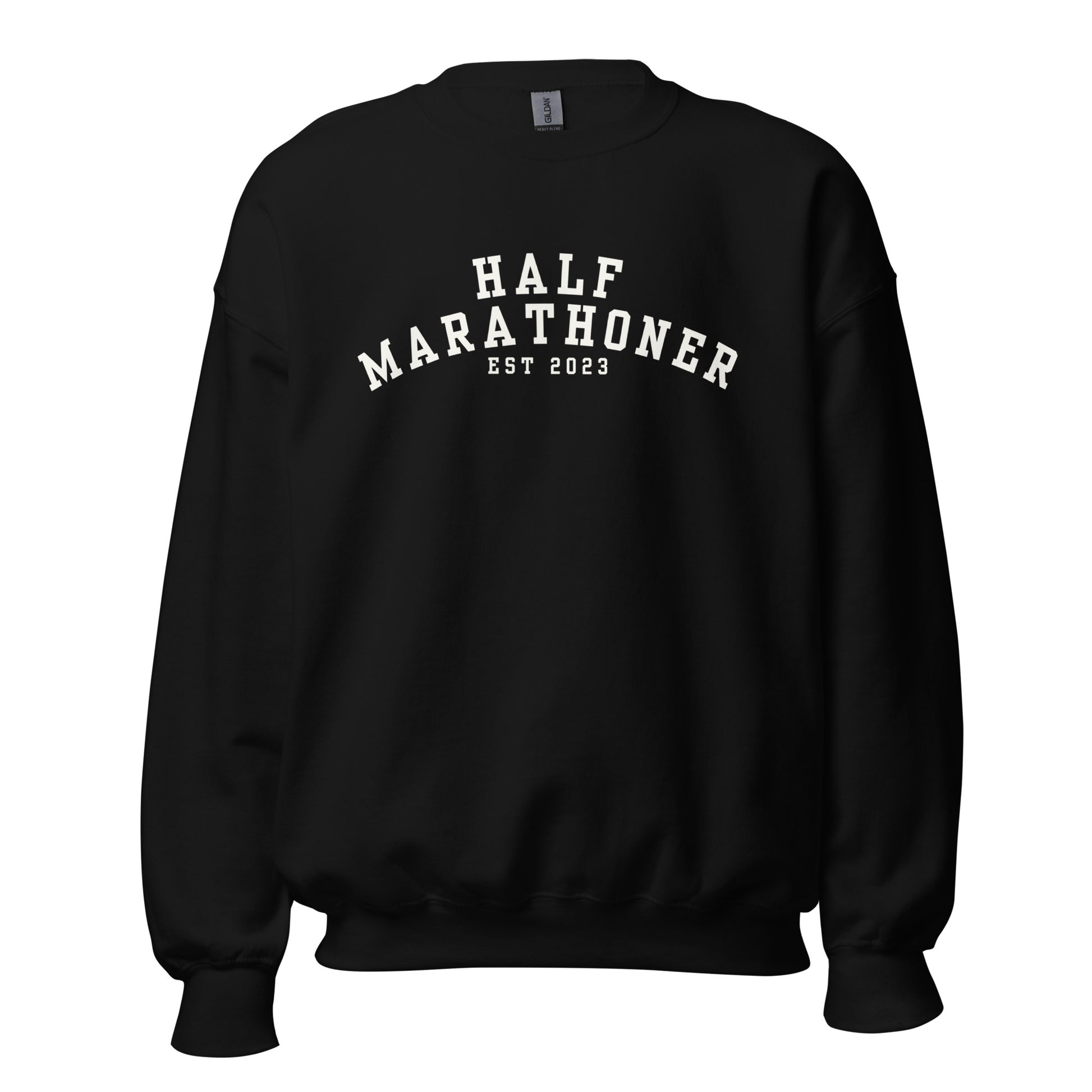 black sweatshirt with the words half marathoner in a bold white font across the chest