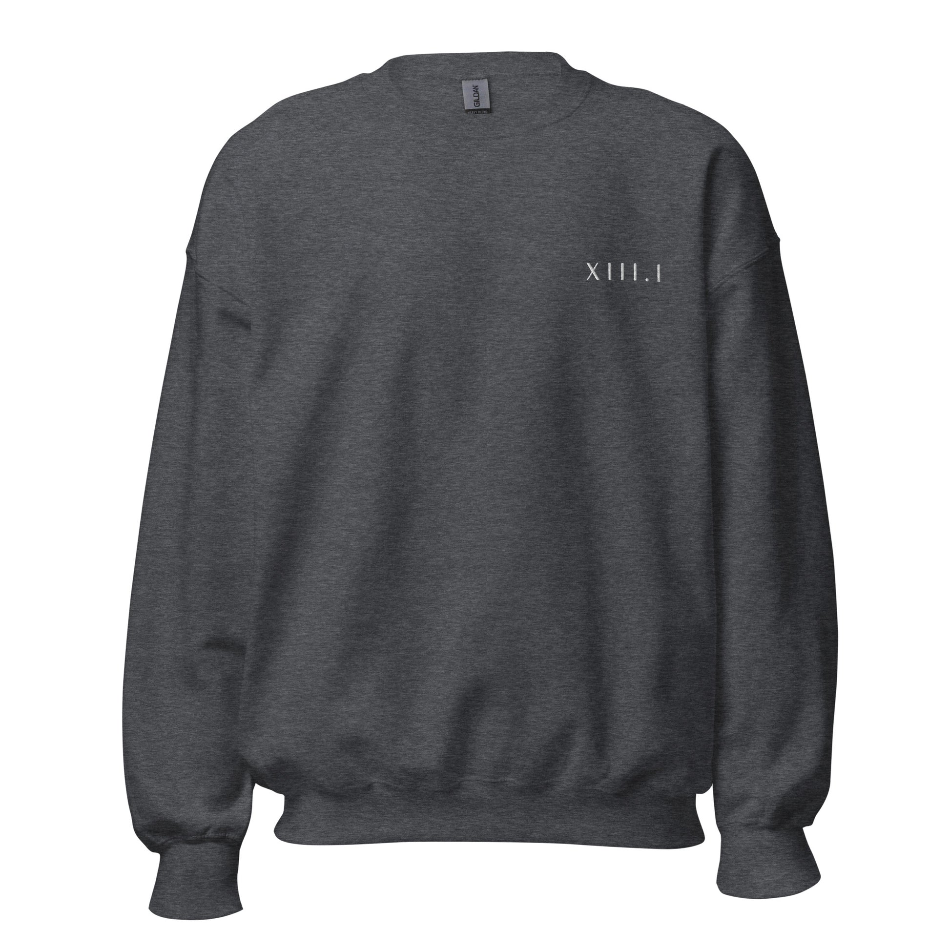 dark grey unisex sweatshirt with XIII.I 13.1 half marathon in roman numerals embroidered in white writing