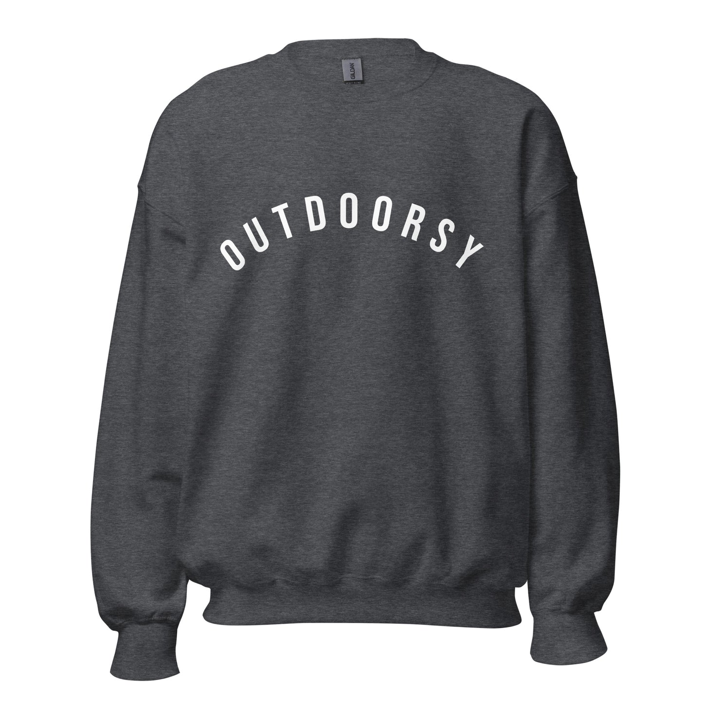 dark grey sweatshirt with the word outdoorsy in a white, capitalised font across the chest