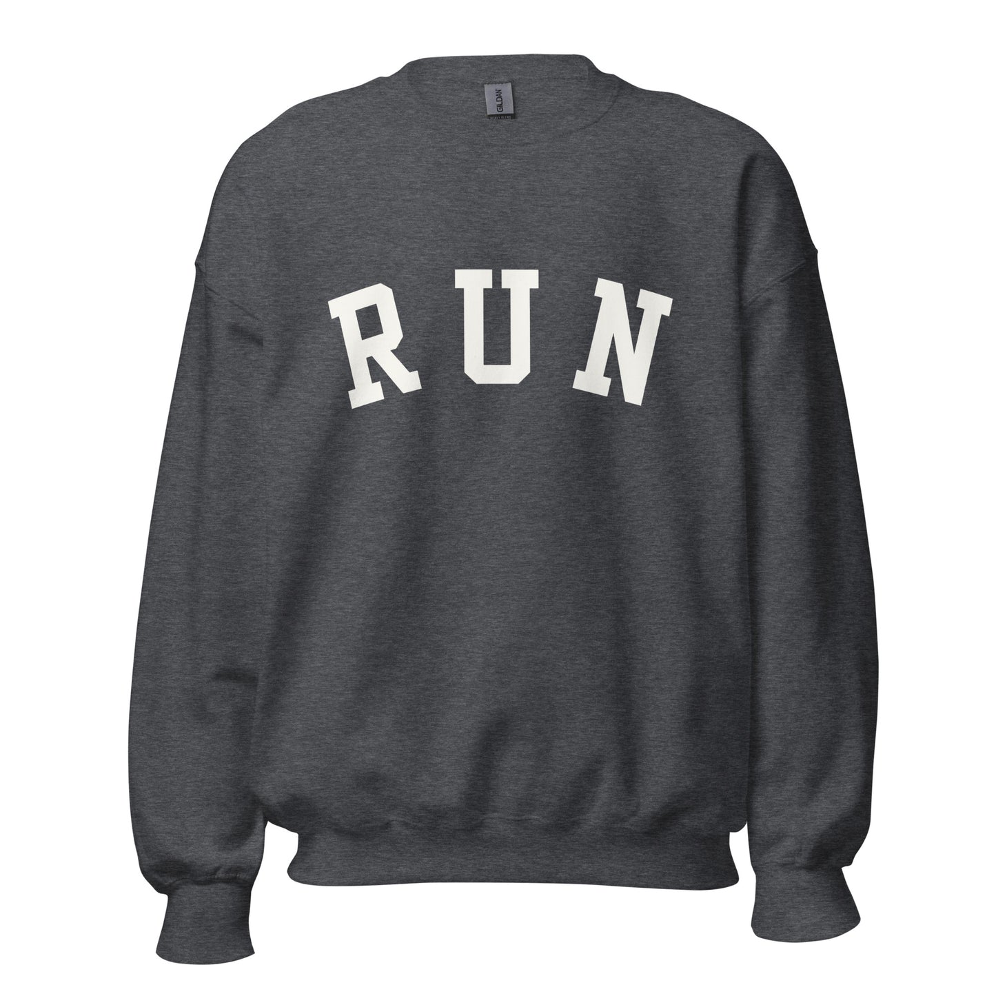 dark grey unisex sweatshirt with the word run across the chest in a bold varsity style font