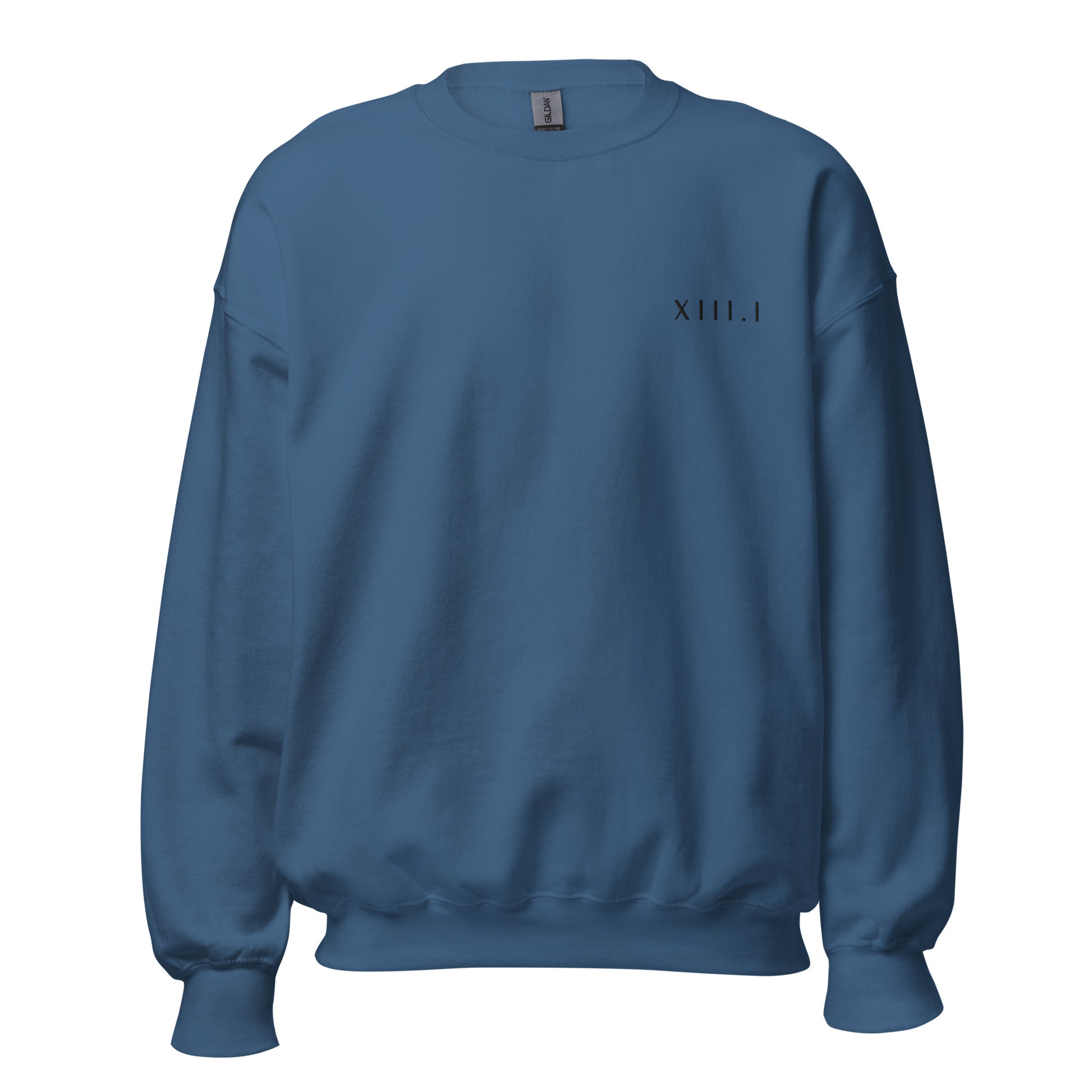 blue unisex sweatshirt with XIII.I 13.1 half marathon in roman numerals embroidered in black writing
