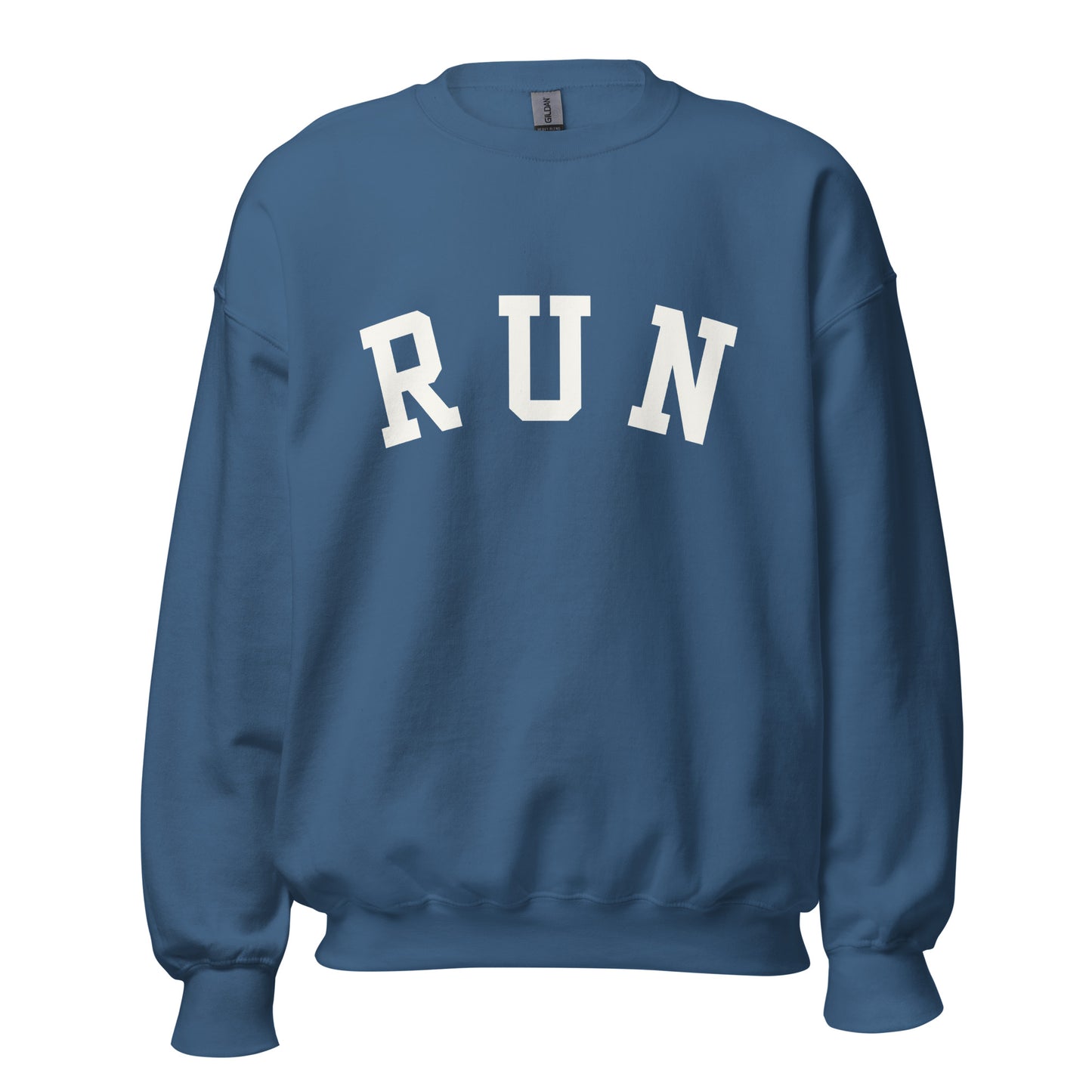 blue unisex sweatshirt with the word run across the chest in a white bold varsity style font