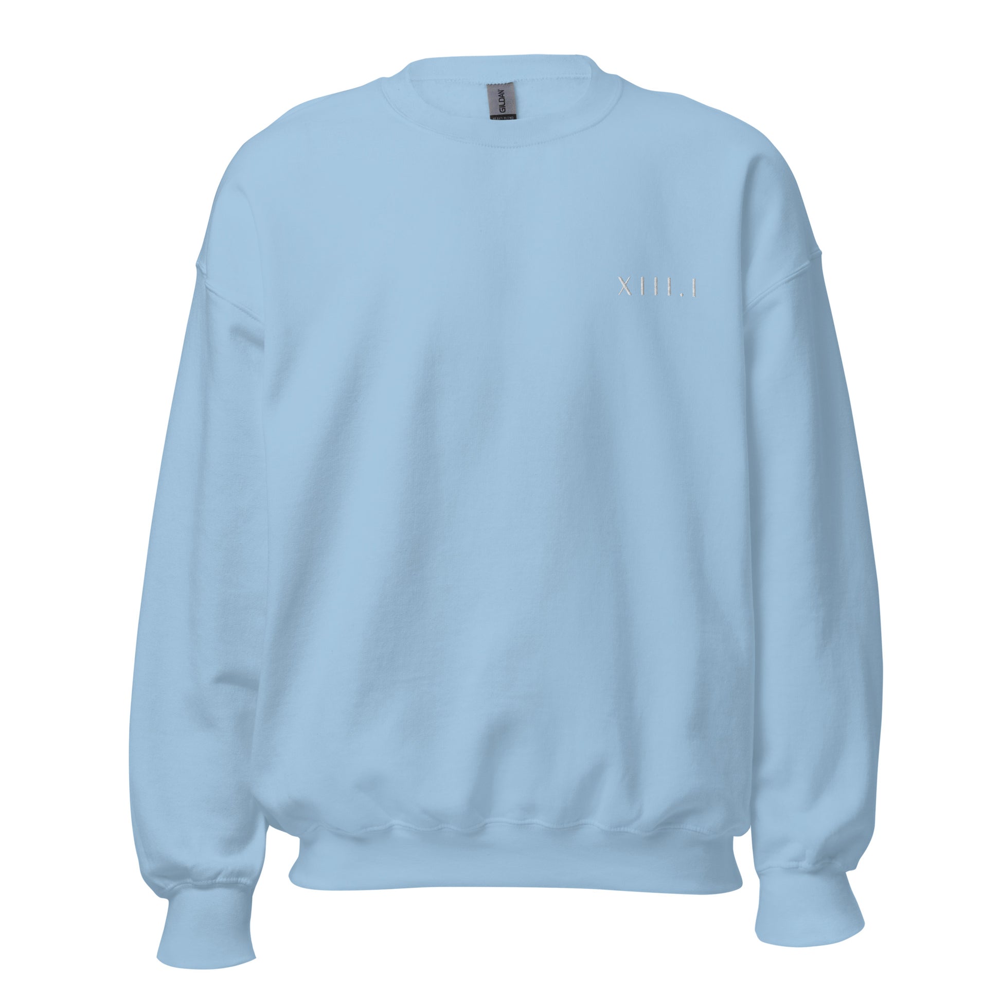 light blue unisex sweatshirt with XIII.I 13.1 half marathon in roman numerals embroidered in white writing