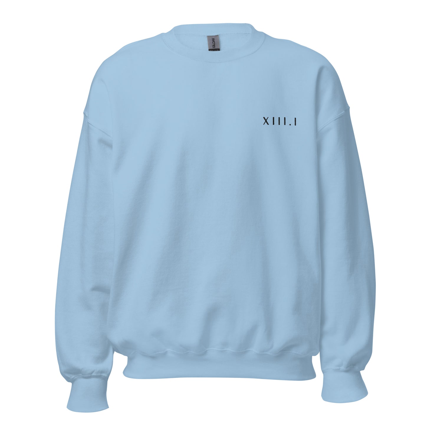 light blue unisex sweatshirt with XIII.I 13.1 half marathon in roman numerals embroidered in black writing