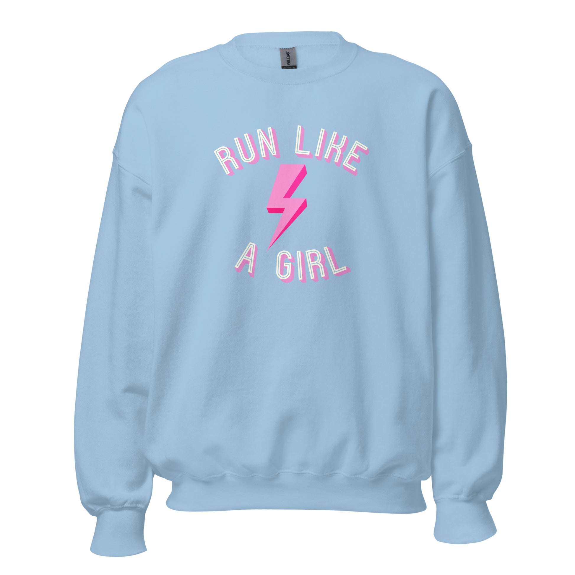 light blue sweatshirt with the words 'run like a girl' in a blue and pink font, wrapped around a pink lightening bolt