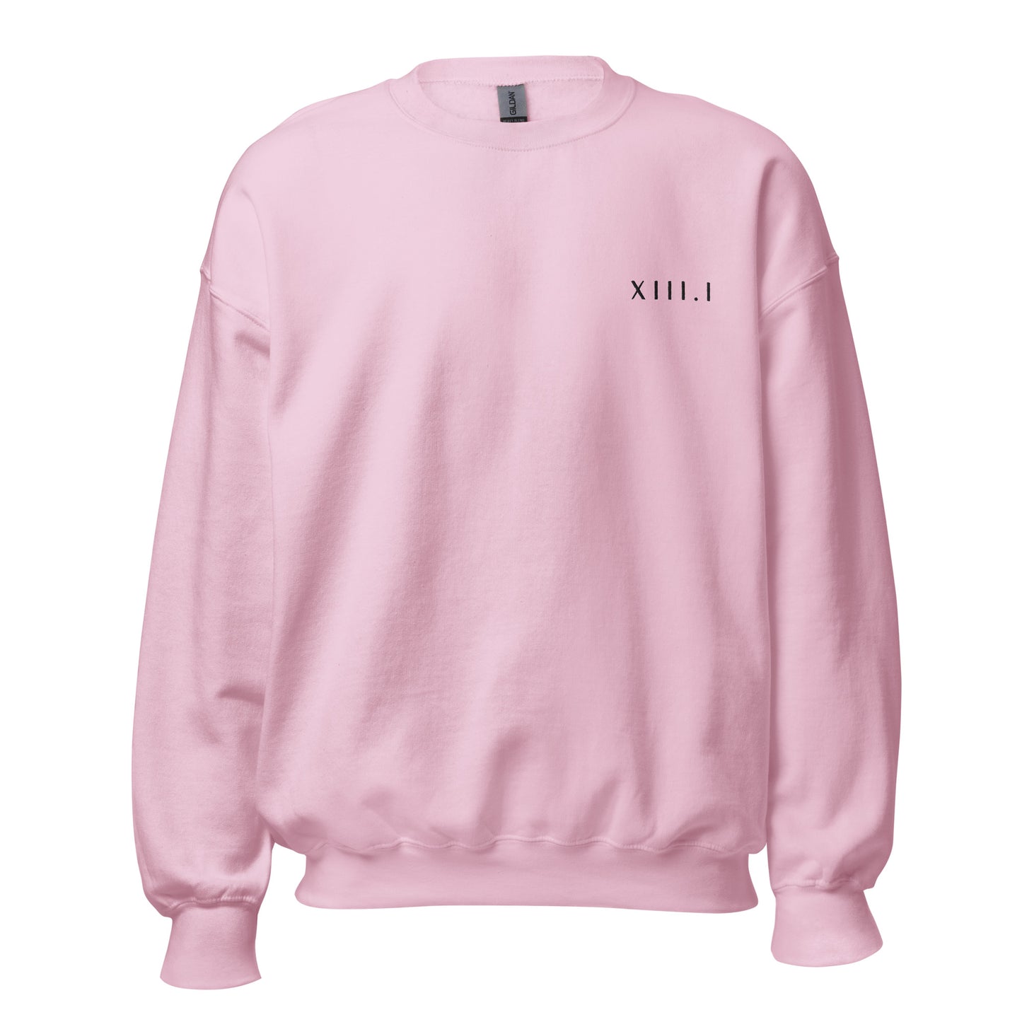 light pink unisex sweatshirt with XIII.I 13.1 half marathon in roman numerals embroidered in black writing