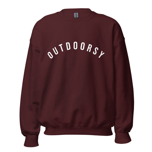 maroon sweatshirt with the word outdoorsy in a white, capitalised font across the chest