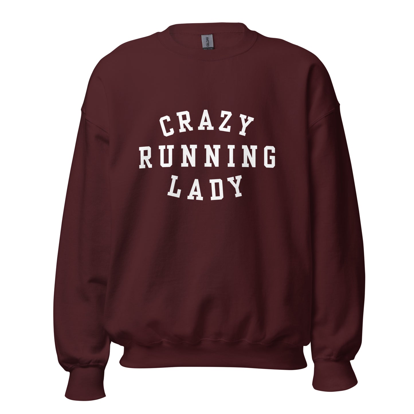 maroon sweatshirt with the words crazy running lady in a capitalised white font