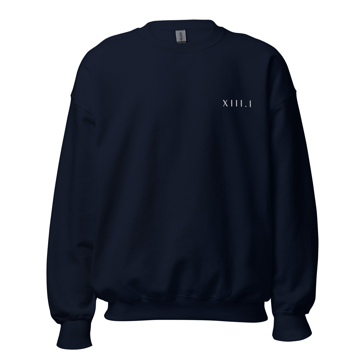 navy unisex sweatshirt with XIII.I 13.1 half marathon in roman numerals embroidered in white writing