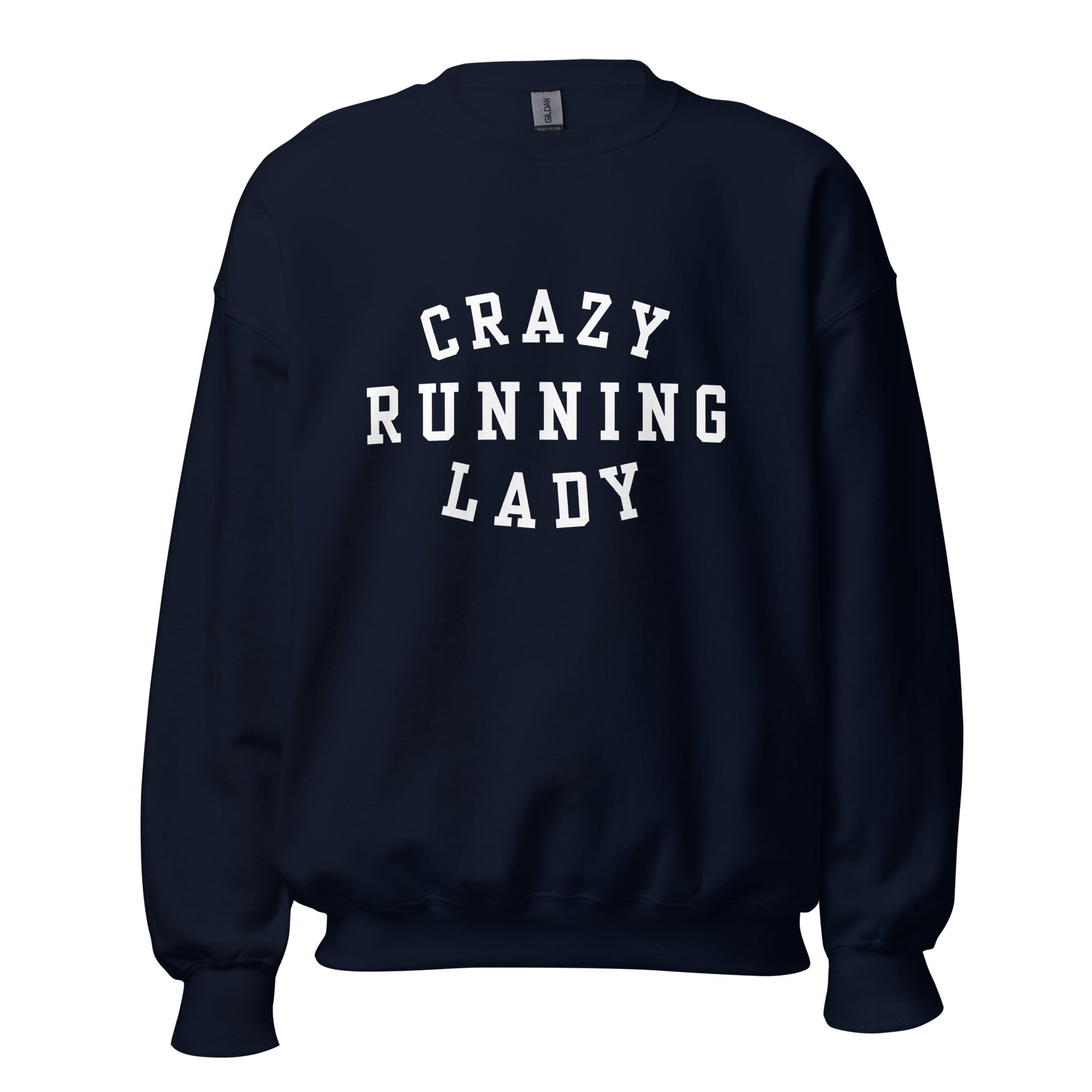 navy blue sweatshirt with the words crazy running lady in a capitalised white font
