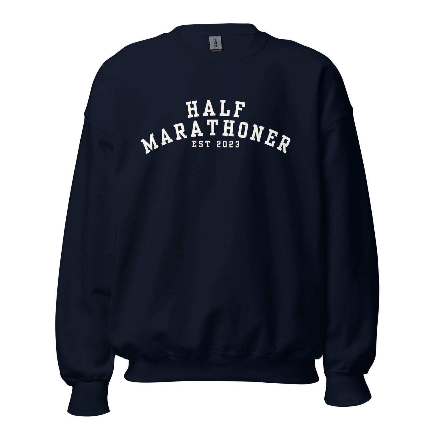 navy sweatshirt with the words half marathoner in a bold white font across the chest