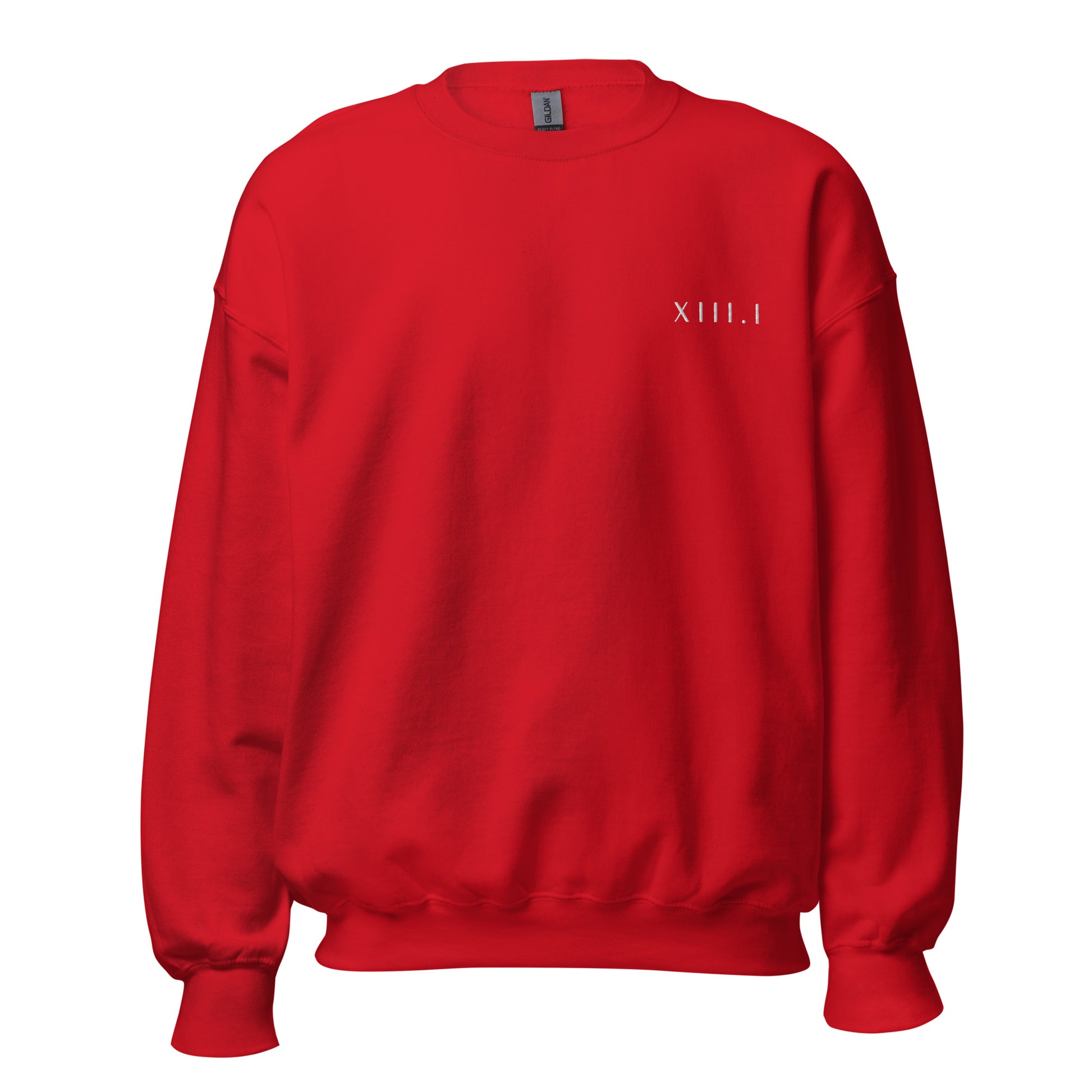 red unisex sweatshirt with XIII.I 13.1 half marathon in roman numerals embroidered in white writing