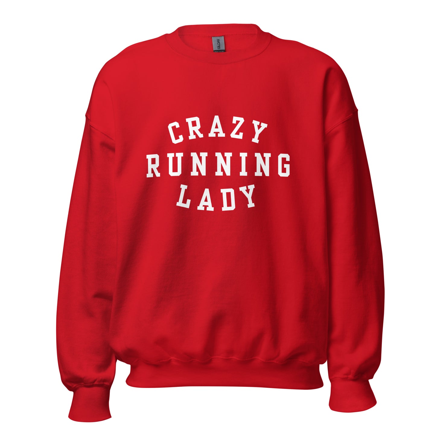 red sweatshirt with the words crazy running lady in a capitalised white font