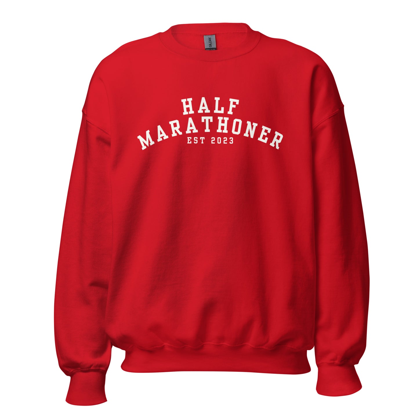 red sweatshirt with the words half marathoner in a bold white font across the chest