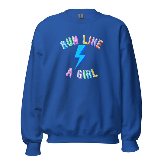 blue sweatshirt with the words 'run like a girl' in a rainbow coloured capital font, wrapped around a blur lightening bolt