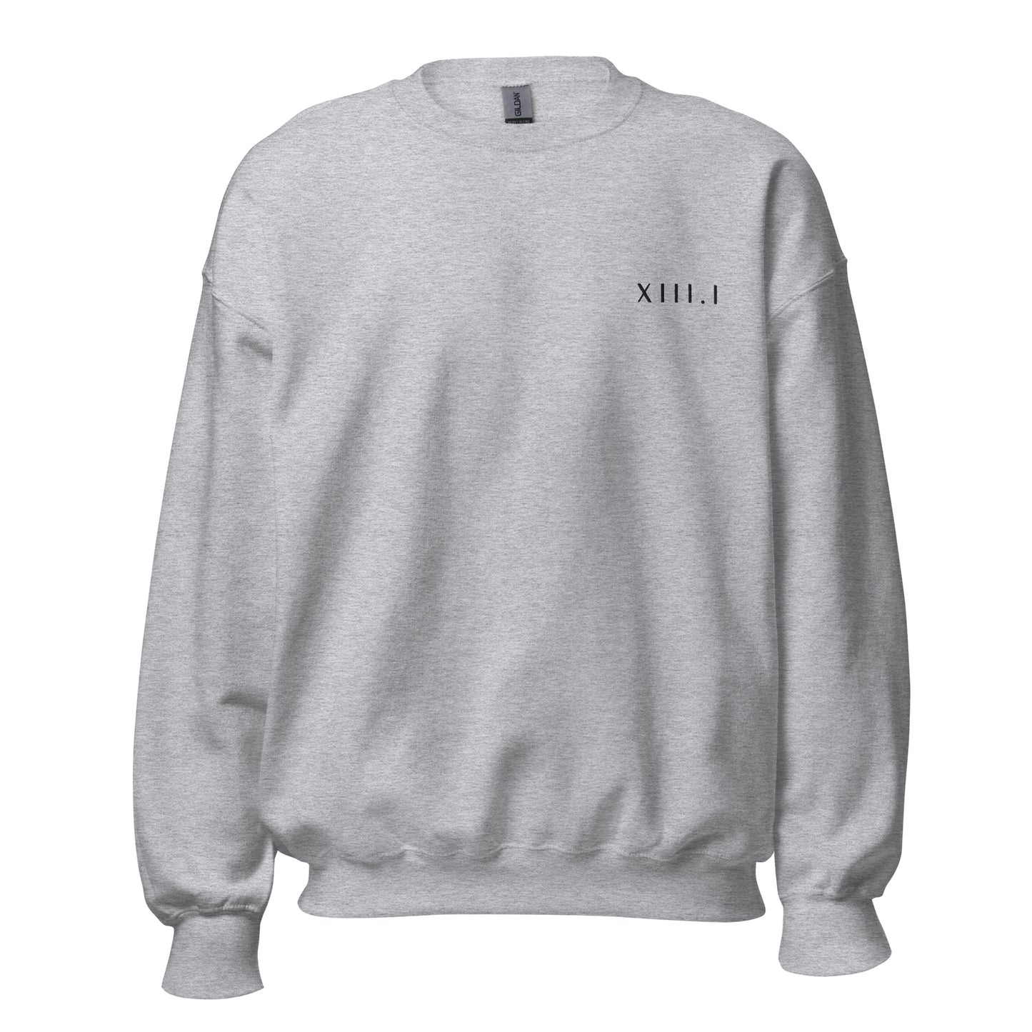 light grey unisex sweatshirt with XIII.I 13.1 half marathon in roman numerals embroidered in black writing