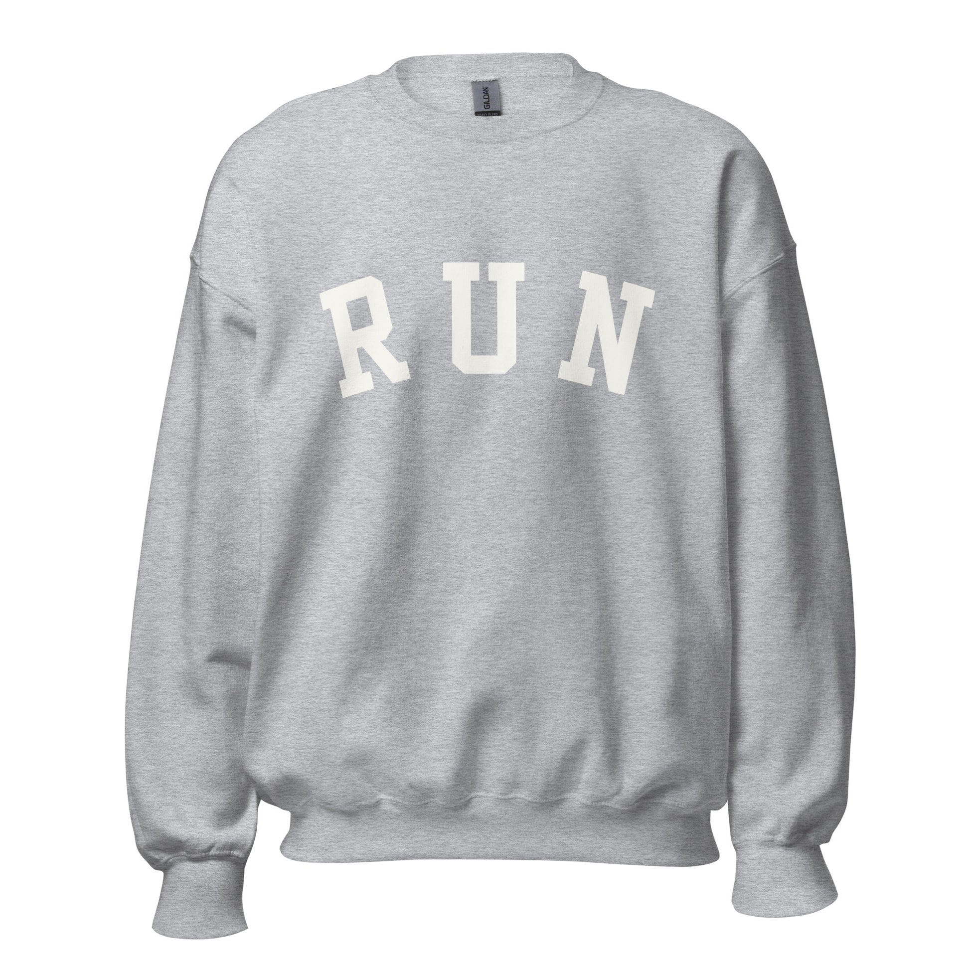 light grey unisex sweatshirt with the word run across the chest in a bold varsity style font