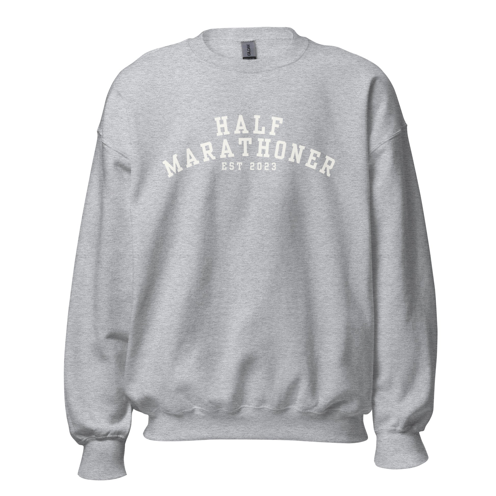 light grey sweatshirt with the words half marathoner in a bold white font across the chest