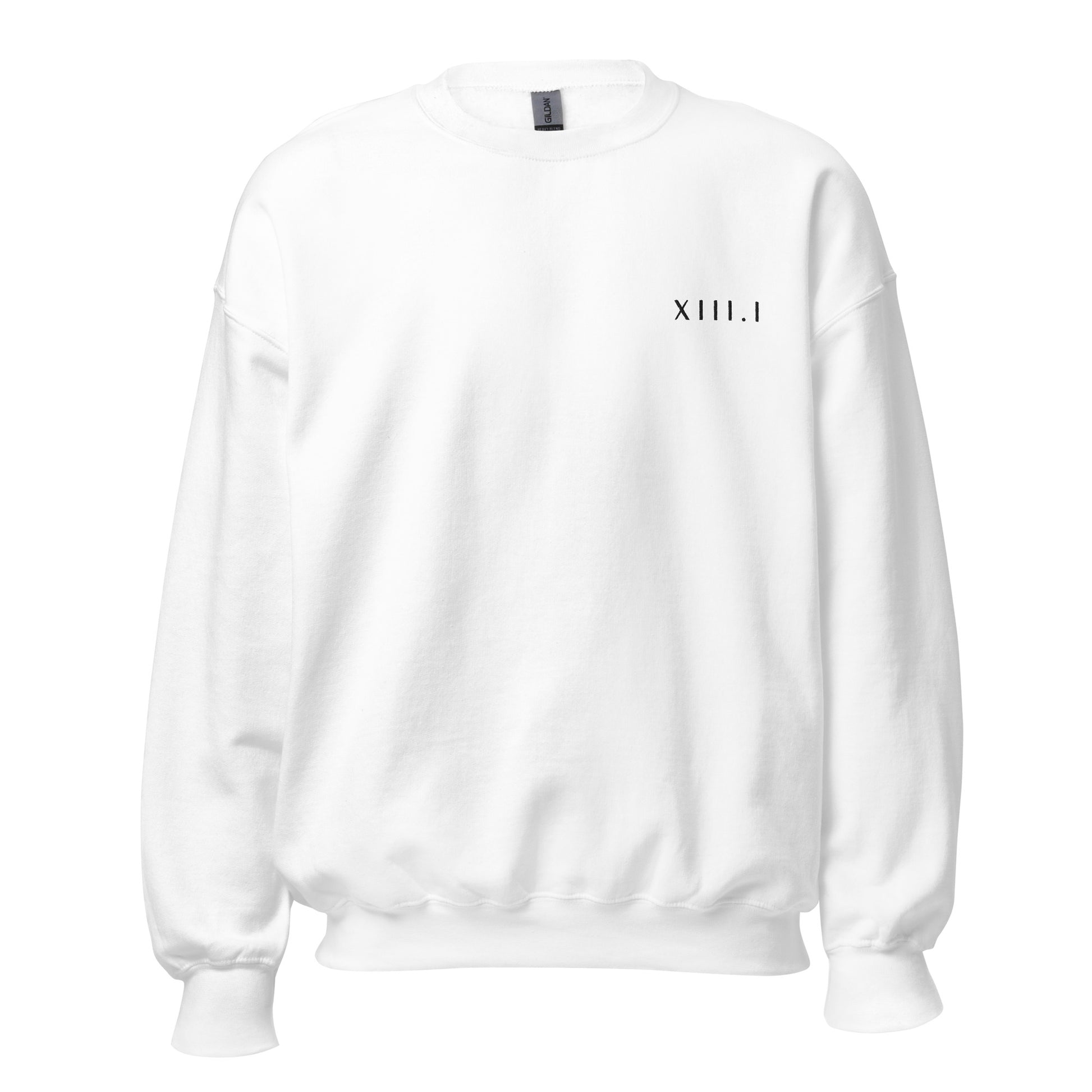 white unisex sweatshirt with XIII.I 13.1 half marathon in roman numerals embroidered in black writing