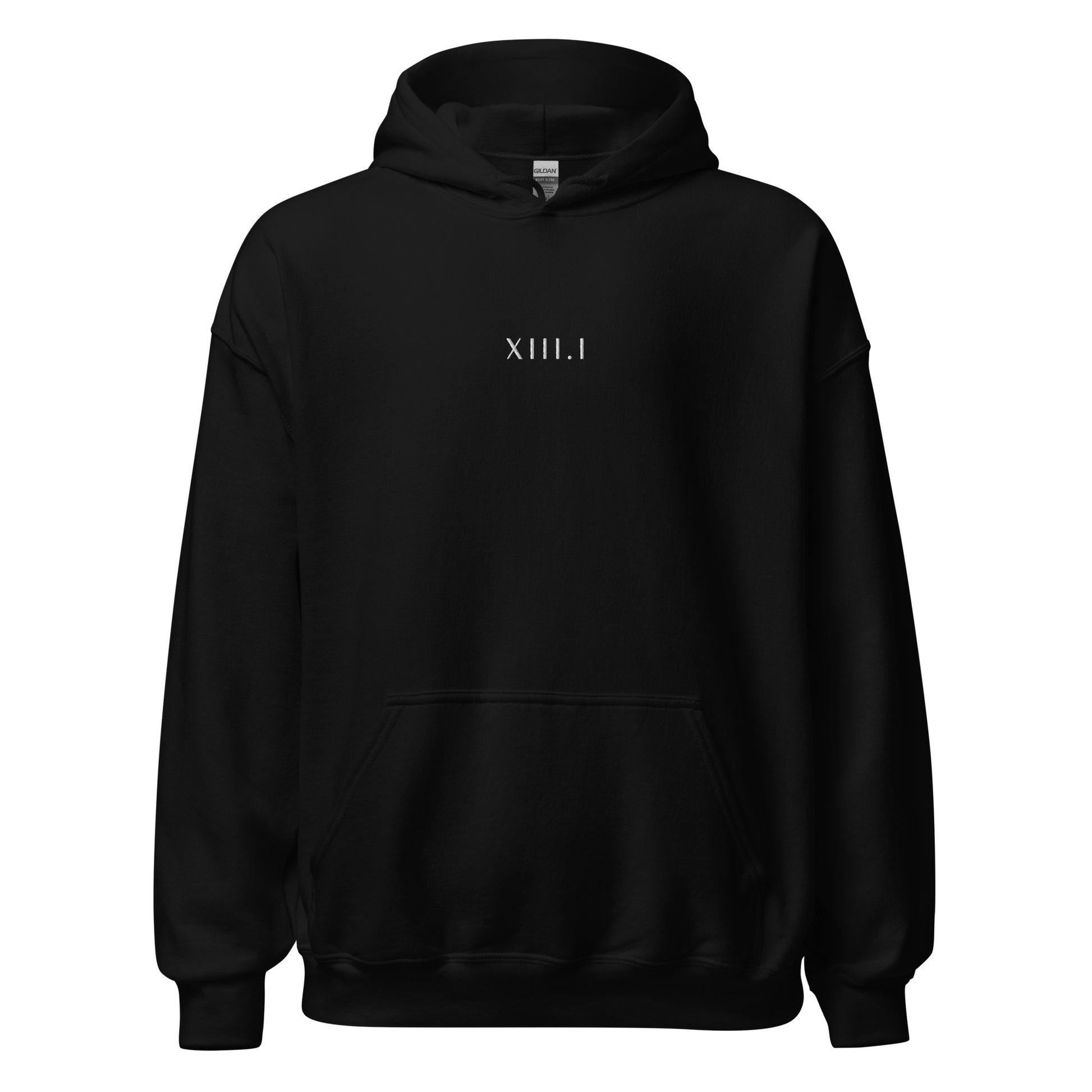 black unisex hoodie with XIII.I 13.1 half marathon in roman numerals embroidered in white writing
