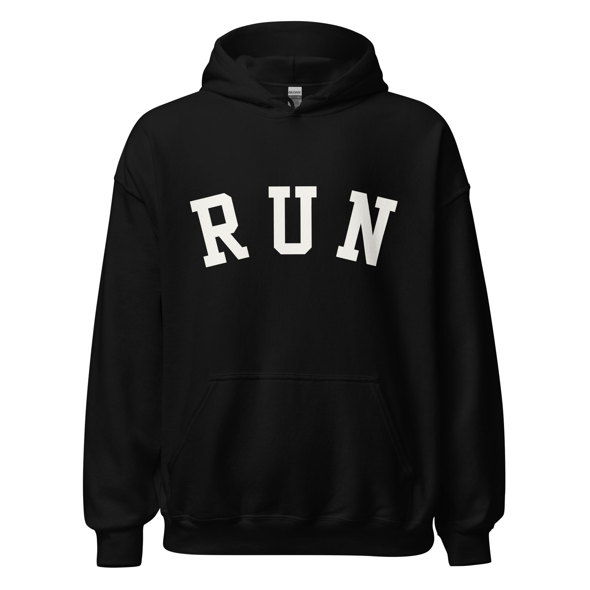 black unisex hoodie with the word run across the chest in a white bold varsity style font
