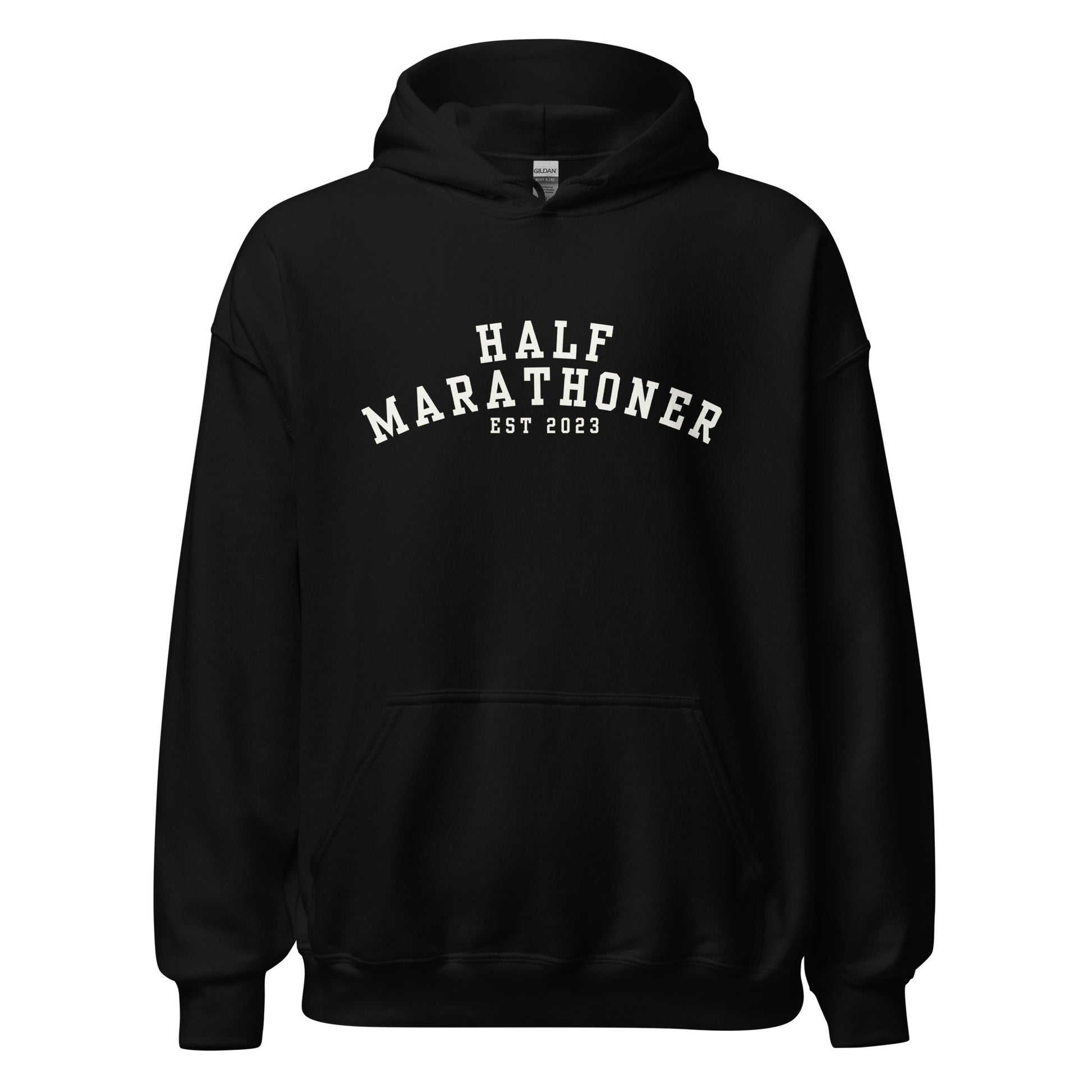 black hoodie with the words half marathoner est 2023 across the chest in a white font