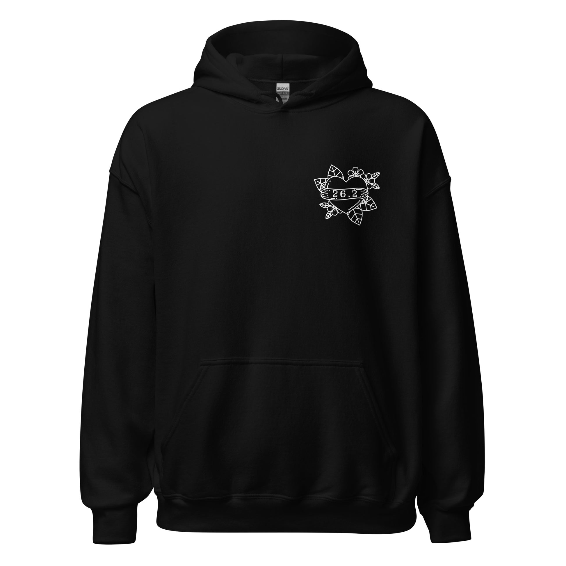black hoodie with 26.2 marathon distance in a tattoo style heart across the left breast