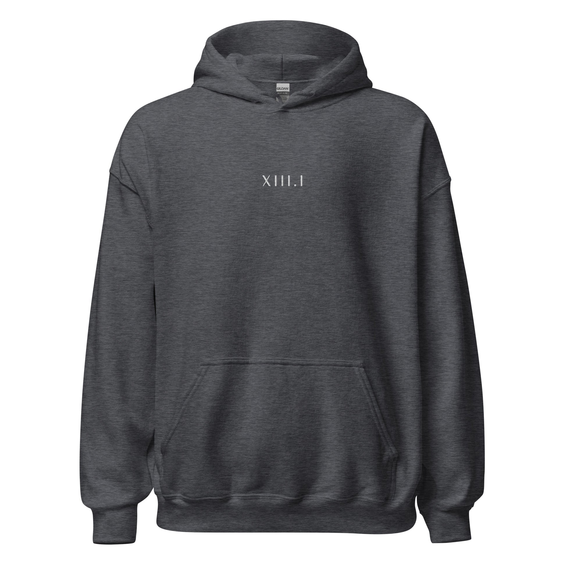 dark grey unisex hoodie with XIII.I 13.1 half marathon in roman numerals embroidered in white writing