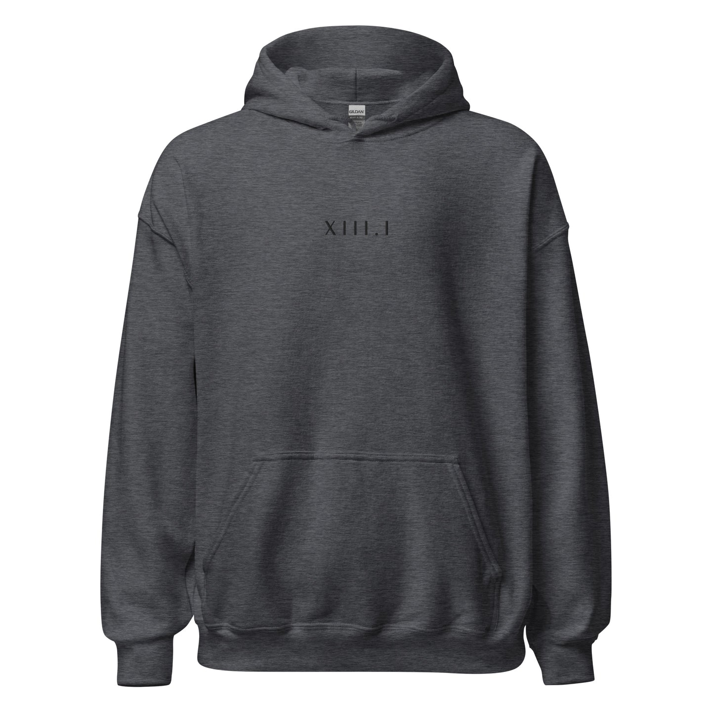 dark grey unisex hoodie with XIII.I 13.1 half marathon in roman numerals embroidered in black writing