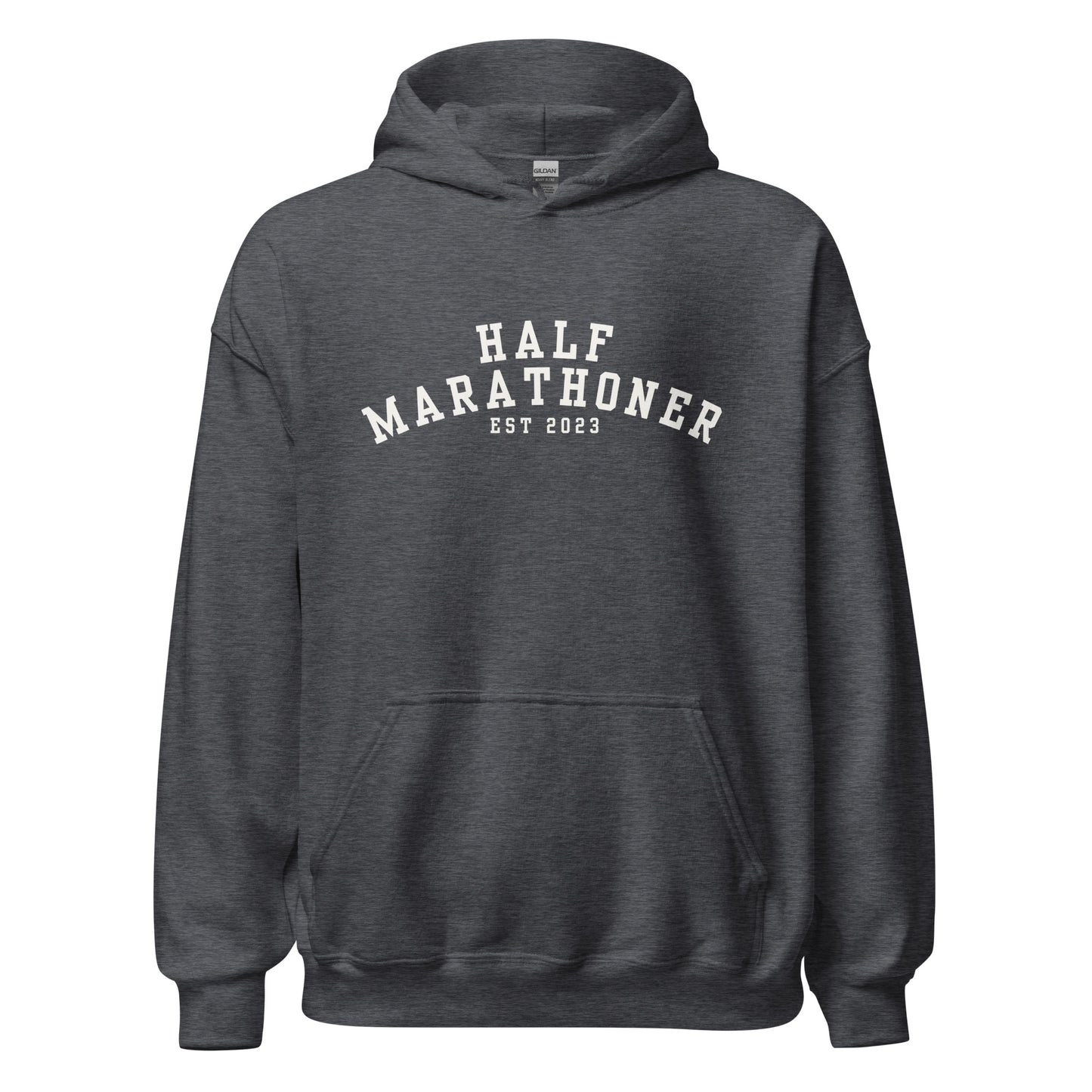 grey hoodie with the words half marathoner est 2023 across the chest in a white font