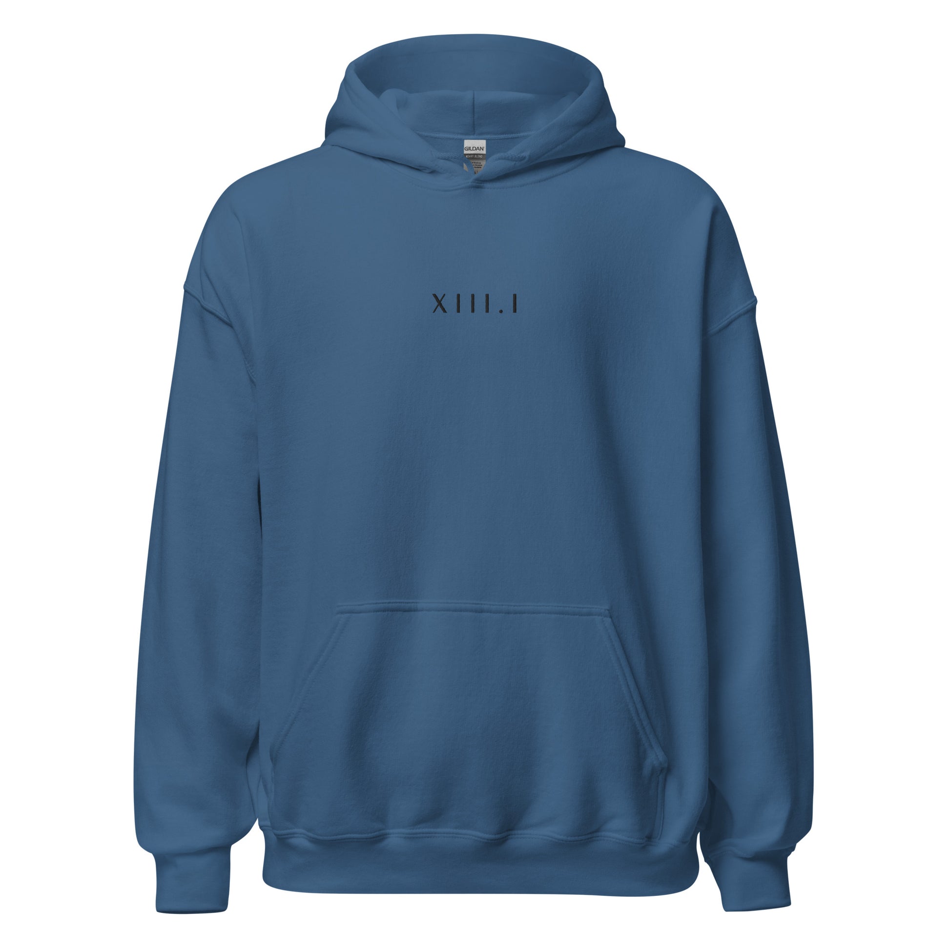 blue unisex hoodie with XIII.I 13.1 half marathon in roman numerals embroidered in black writing