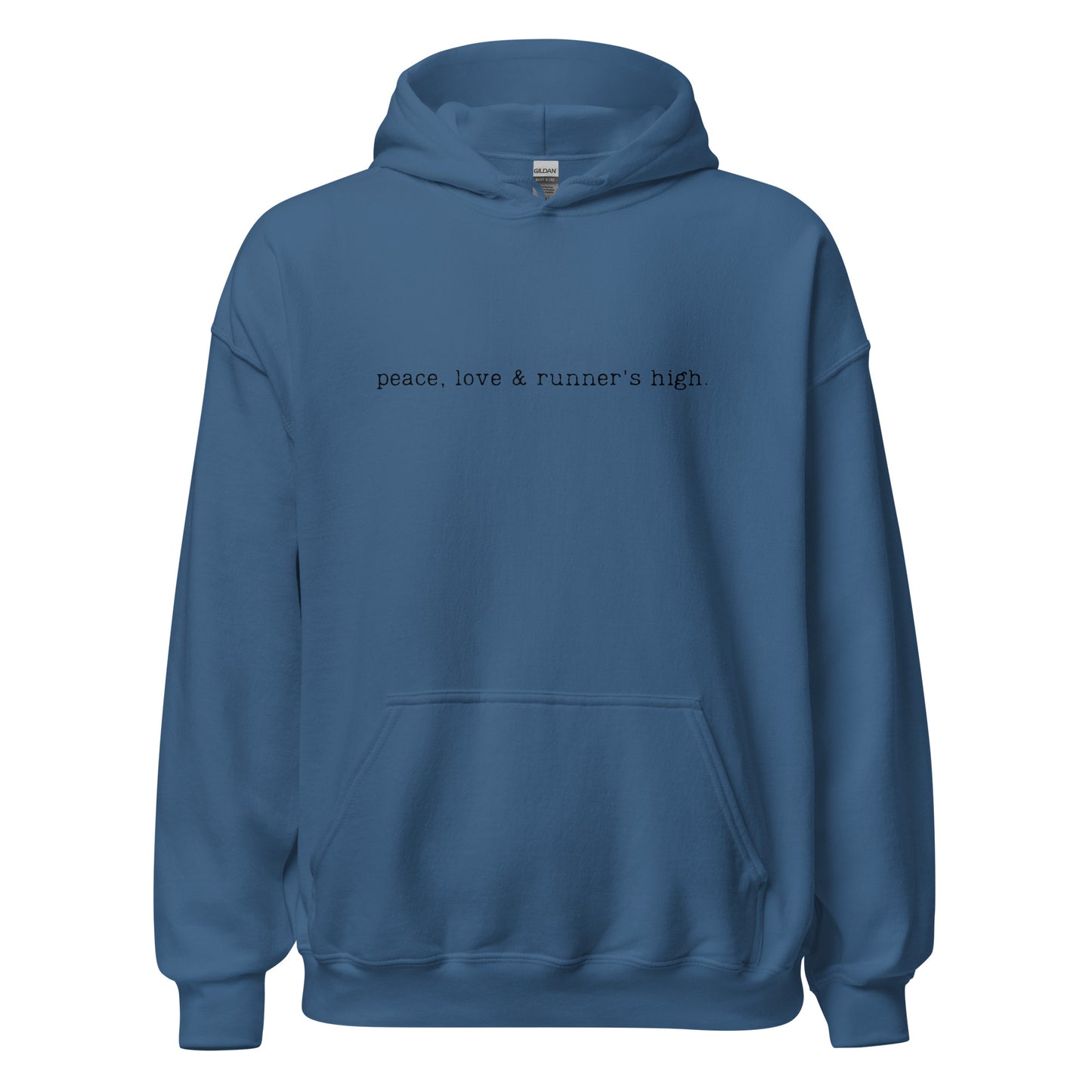 blue hoodie with the words peace, love and runners high across the chest