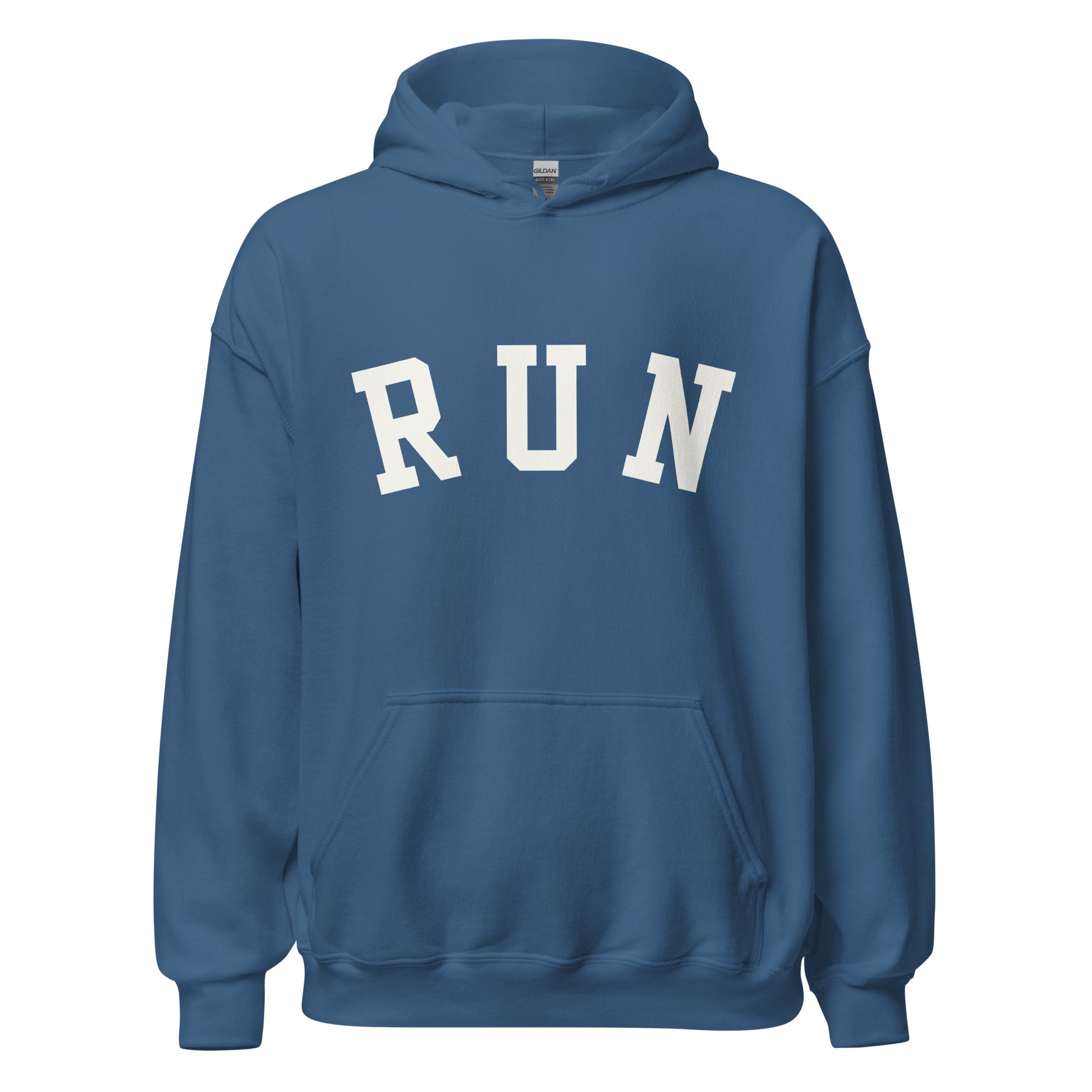 blue unisex hoodie with the word run across the chest in a white bold varsity style font
