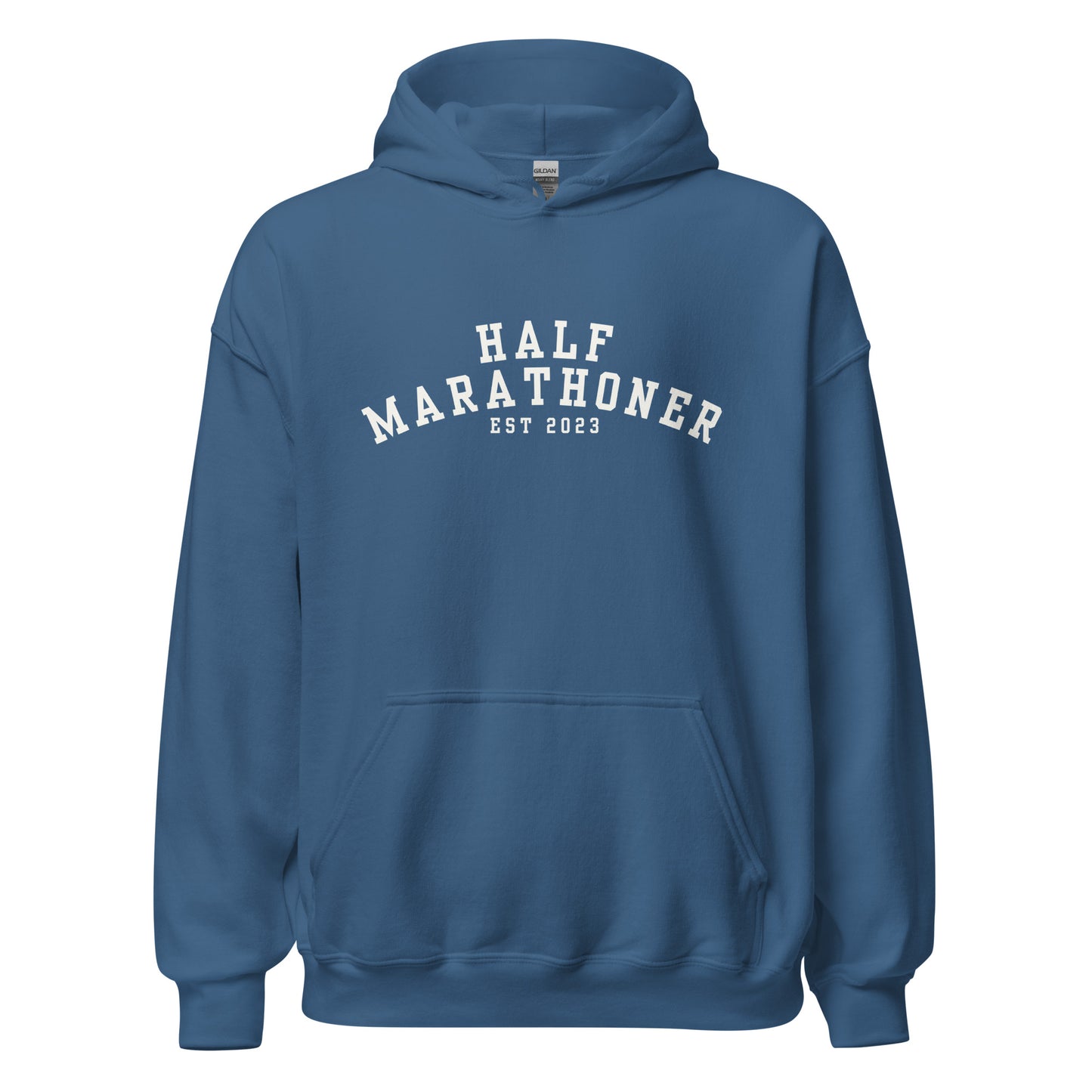 blue hoodie with the words half marathoner est 2023 across the chest in a white font