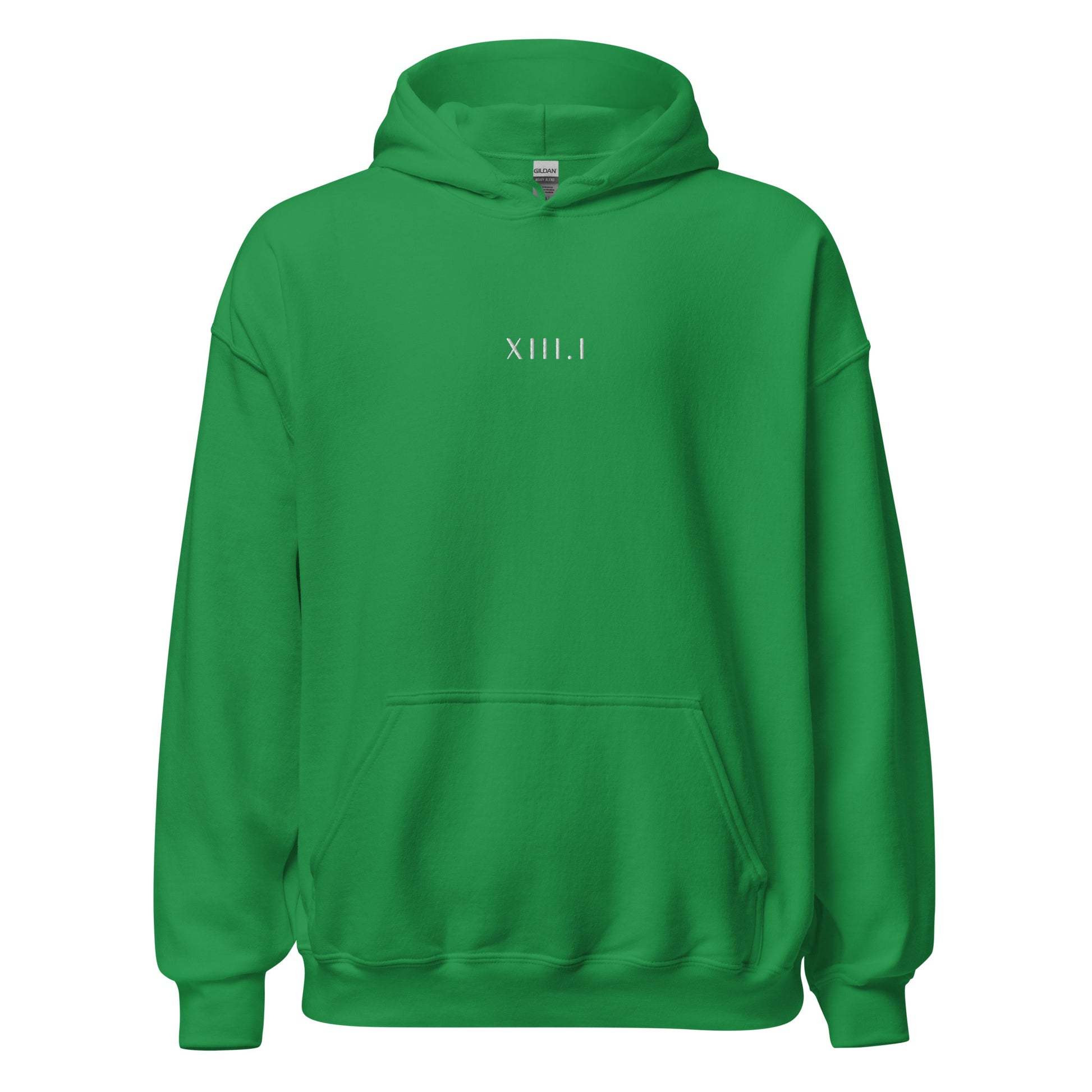 green unisex hoodie with XIII.I 13.1 half marathon in roman numerals embroidered in white writing