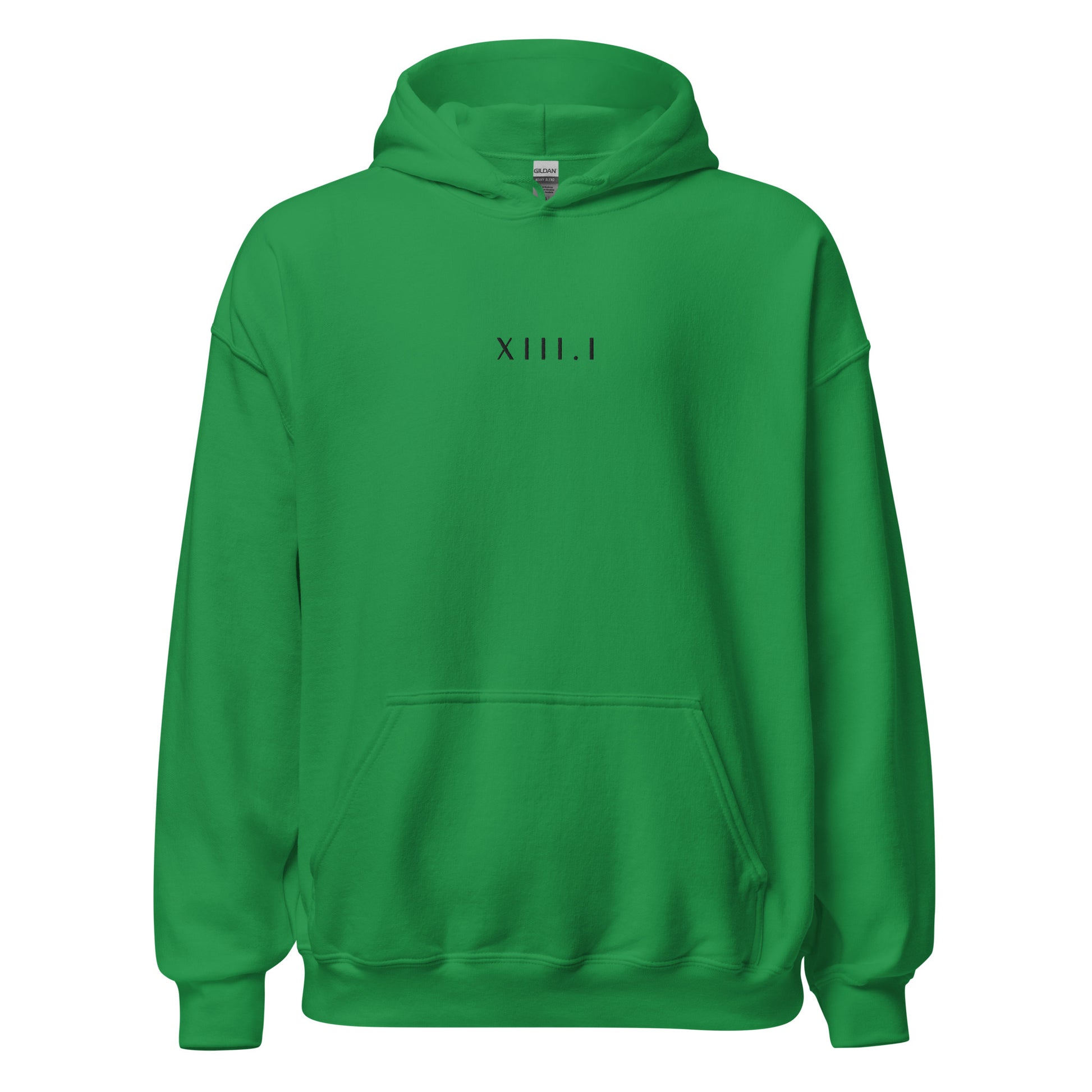 green unisex hoodie with XIII.I 13.1 half marathon in roman numerals embroidered in black writing