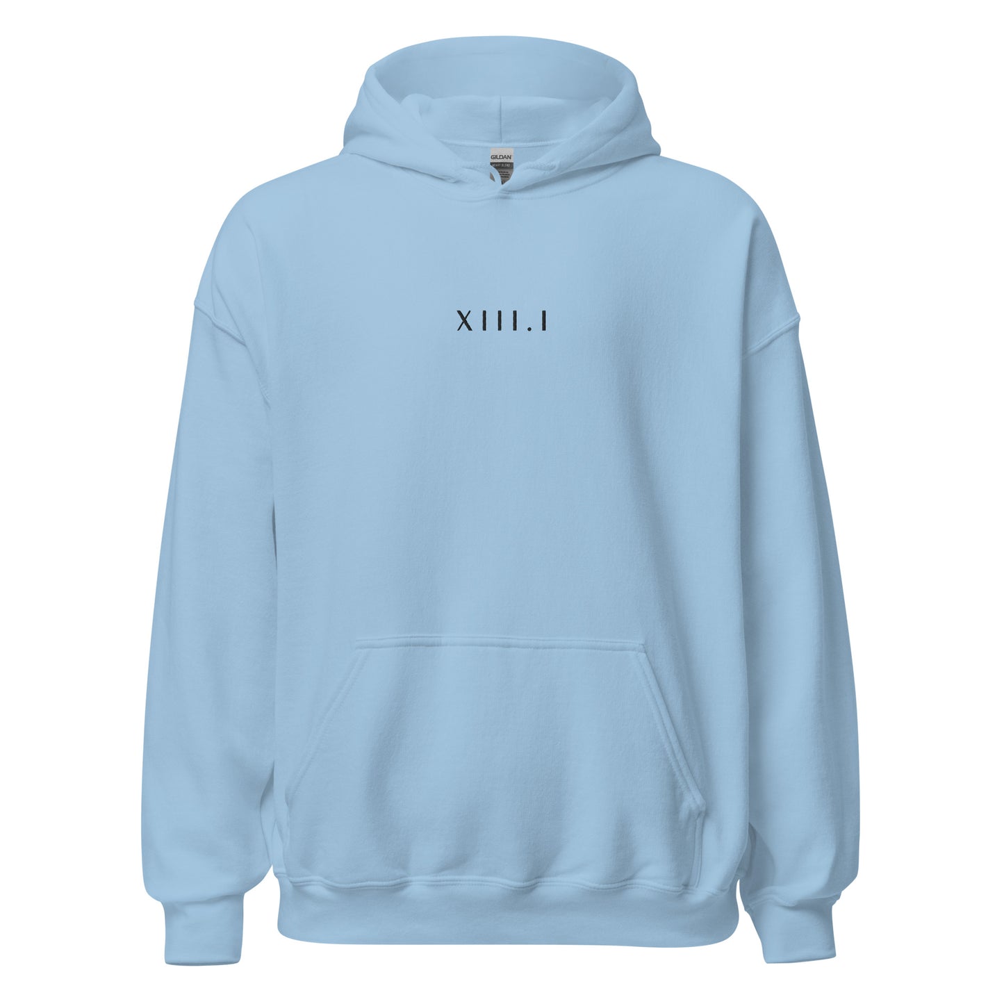 light blue unisex hoodie with XIII.I 13.1 half marathon in roman numerals embroidered in black writing