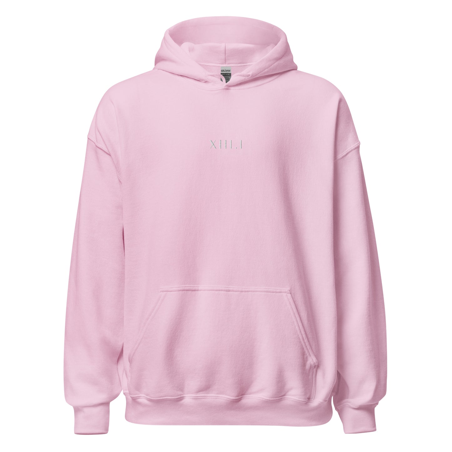 light pink unisex hoodie with XIII.I 13.1 half marathon in roman numerals embroidered in white writing