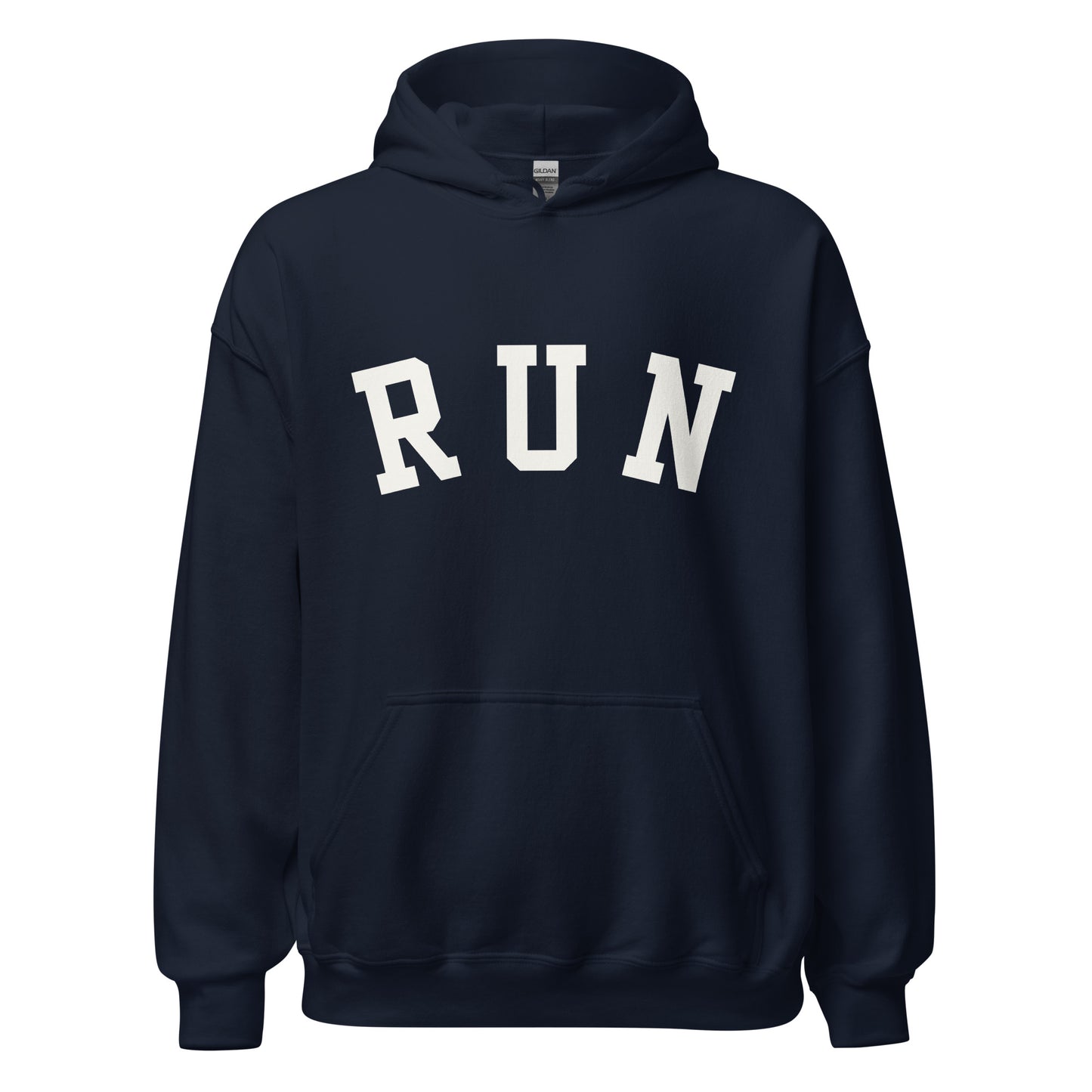 navy blue unisex hoodie with the word run across the chest in a white bold varsity style font
