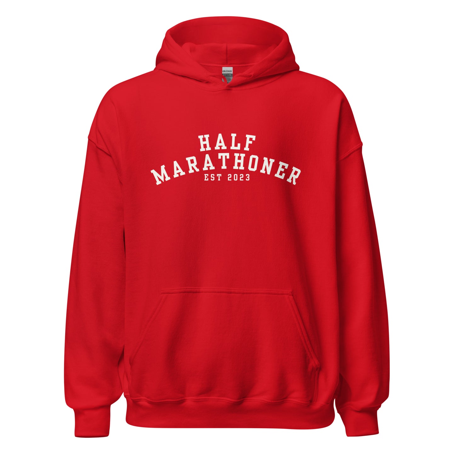 red hoodie with the words half marathoner est 2023 across the chest in a white font