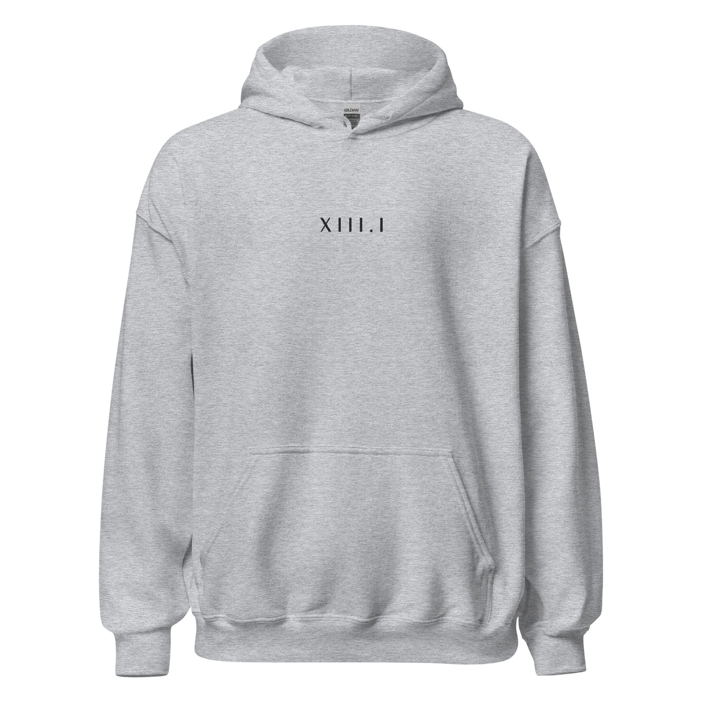 light grey unisex hoodie with XIII.I 13.1 half marathon in roman numerals embroidered in black writing