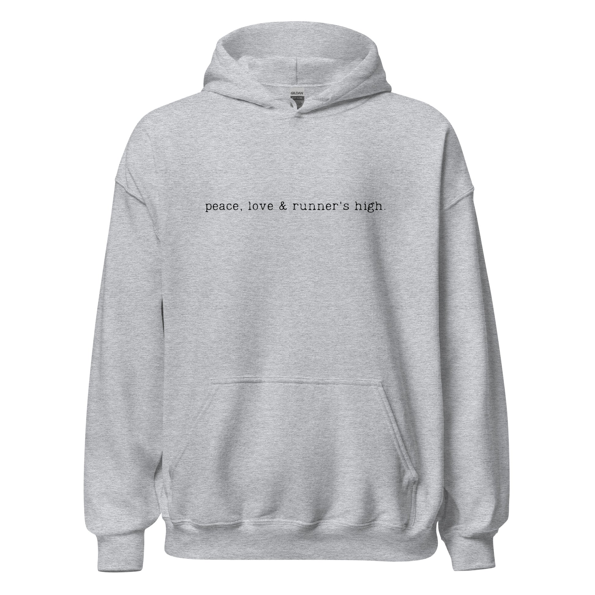 light grey hoodie with the words peace, love and runners high across the chest