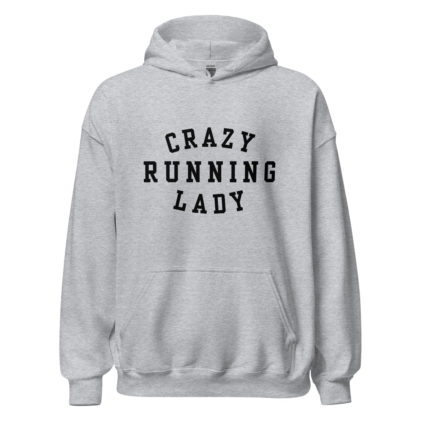 grey hoodie with the words crazy running lady in a capitalised black font